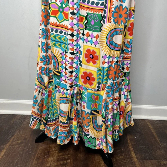 Paper Heart Anthropologie Aztec Sunrise Maxi Long Hi Lo Dress Ruffle Sz M - Picture 11 of 15